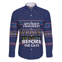 Crazy Cat Lover Family Matching Short Sleeve Bodycon Dress and Hawaiian Shirt with Black Cats and Funny Quote in Blue Holiday Knit Pattern Design - Wonder Print Shop