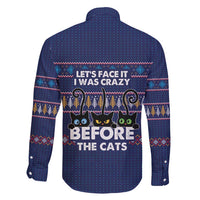 Crazy Cat Lover Family Matching Short Sleeve Bodycon Dress and Hawaiian Shirt with Black Cats and Funny Quote in Blue Holiday Knit Pattern Design - Wonder Print Shop
