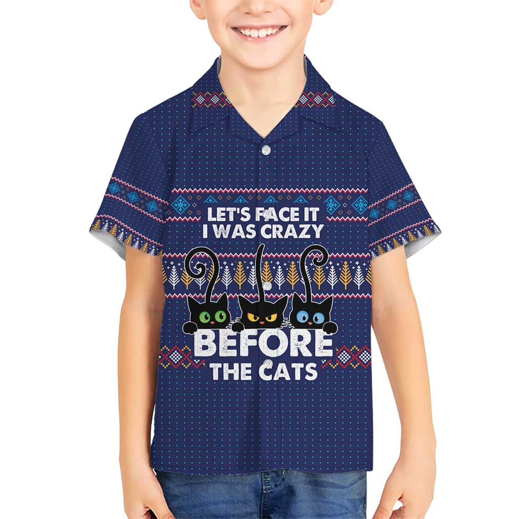 Crazy Cat Lover Family Matching Short Sleeve Bodycon Dress and Hawaiian Shirt with Black Cats and Funny Quote in Blue Holiday Knit Pattern Design - Wonder Print Shop
