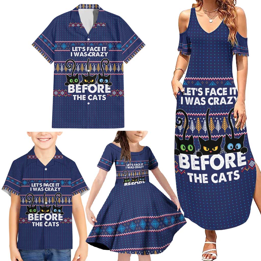 Crazy Cat Lover Family Matching Summer Maxi Dress and Hawaiian Shirt with Black Cats and Funny Quote in Blue Holiday Knit Pattern Design - Wonder Print Shop