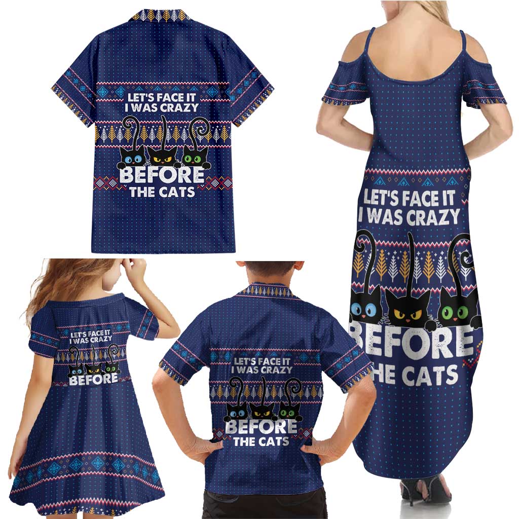 Crazy Cat Lover Family Matching Summer Maxi Dress and Hawaiian Shirt with Black Cats and Funny Quote in Blue Holiday Knit Pattern Design - Wonder Print Shop