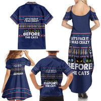 Crazy Cat Lover Family Matching Summer Maxi Dress and Hawaiian Shirt with Black Cats and Funny Quote in Blue Holiday Knit Pattern Design - Wonder Print Shop