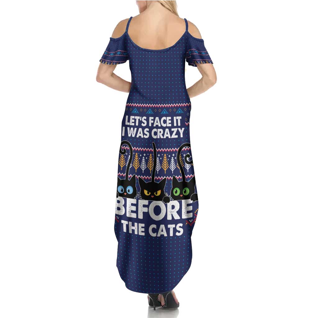 Crazy Cat Lover Family Matching Summer Maxi Dress and Hawaiian Shirt with Black Cats and Funny Quote in Blue Holiday Knit Pattern Design - Wonder Print Shop
