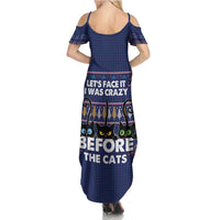 Crazy Cat Lover Family Matching Summer Maxi Dress and Hawaiian Shirt with Black Cats and Funny Quote in Blue Holiday Knit Pattern Design - Wonder Print Shop