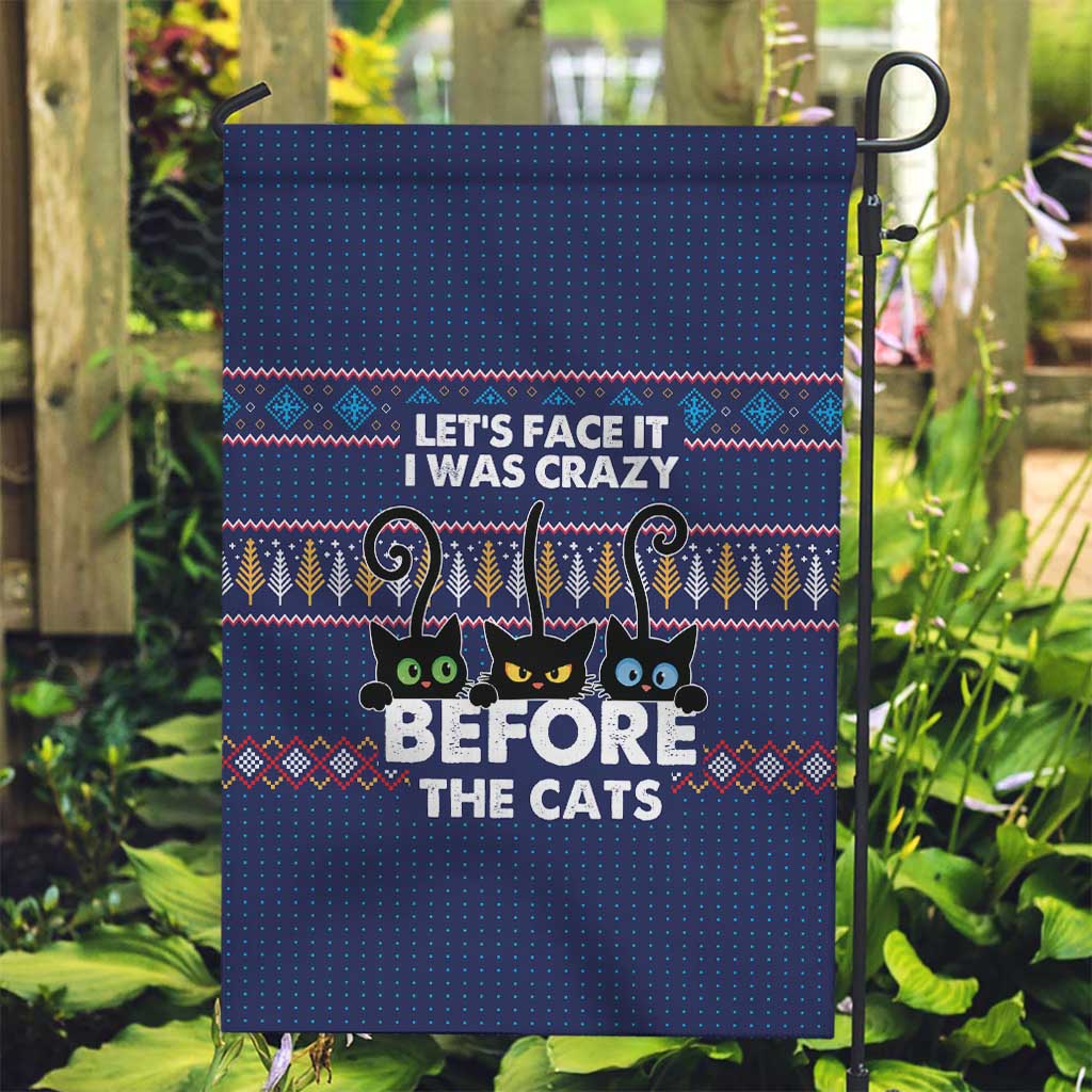 Crazy Cat Lover Garden Flag with Black Cats and Funny Quote in Blue Holiday Knit Pattern Design - Wonder Print Shop