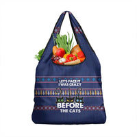 Crazy Cat Lover Grocery Bag with Black Cats and Funny Quote in Blue Holiday Knit Pattern Design - Wonder Print Shop