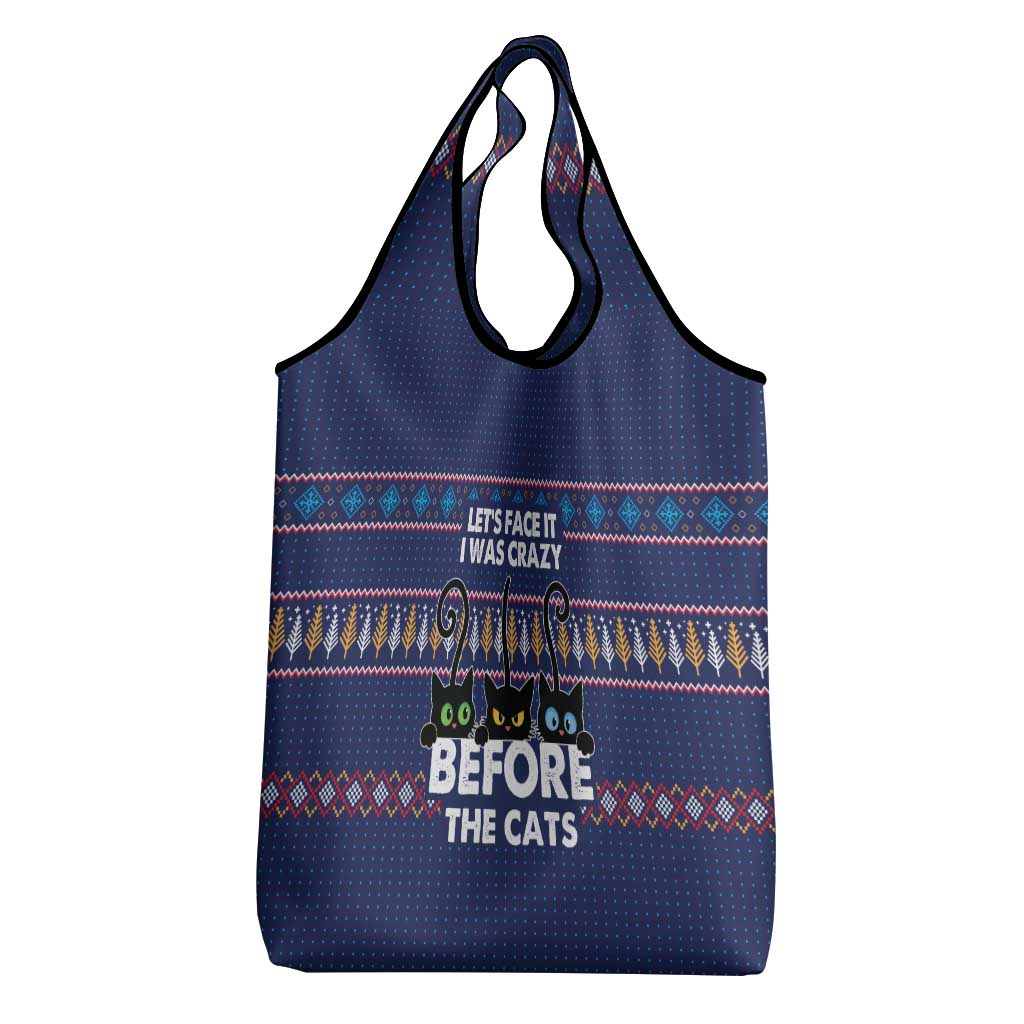Crazy Cat Lover Grocery Bag with Black Cats and Funny Quote in Blue Holiday Knit Pattern Design - Wonder Print Shop