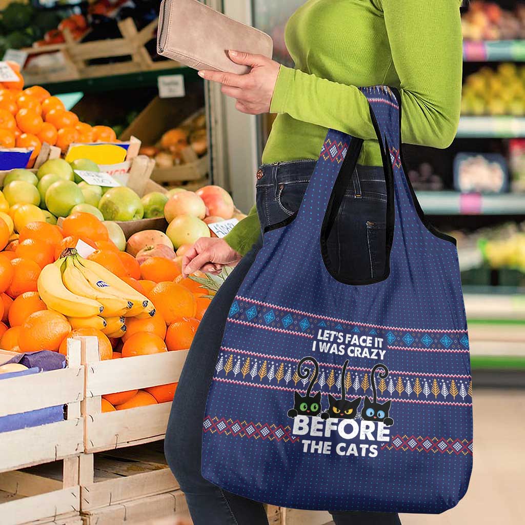 Crazy Cat Lover Grocery Bag with Black Cats and Funny Quote in Blue Holiday Knit Pattern Design - Wonder Print Shop