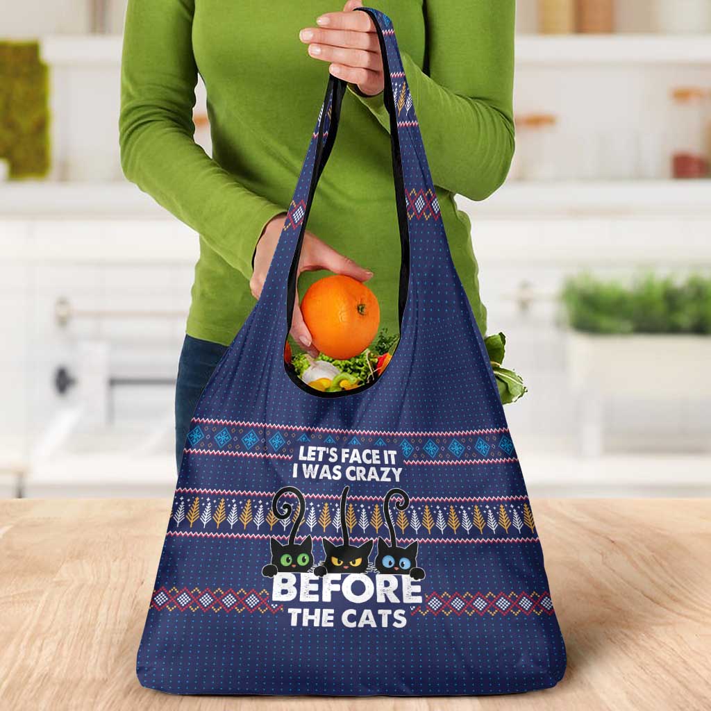 Crazy Cat Lover Grocery Bag with Black Cats and Funny Quote in Blue Holiday Knit Pattern Design - Wonder Print Shop