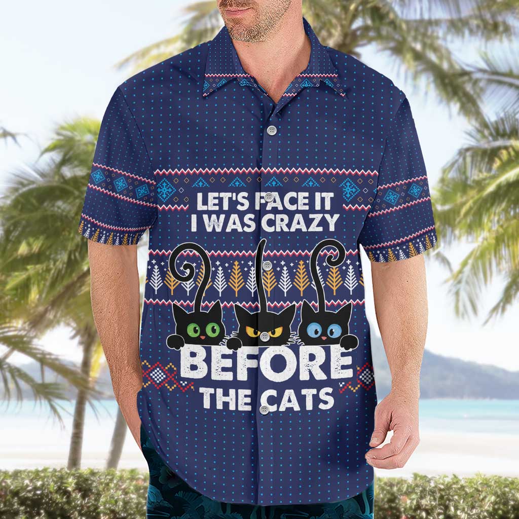 Crazy Cat Lover Hawaiian Shirt with Black Cats and Funny Quote in Blue Holiday Knit Pattern Design - Wonder Print Shop