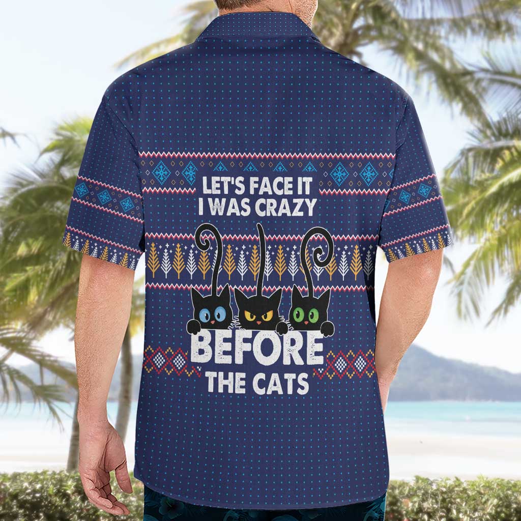Crazy Cat Lover Hawaiian Shirt with Black Cats and Funny Quote in Blue Holiday Knit Pattern Design - Wonder Print Shop