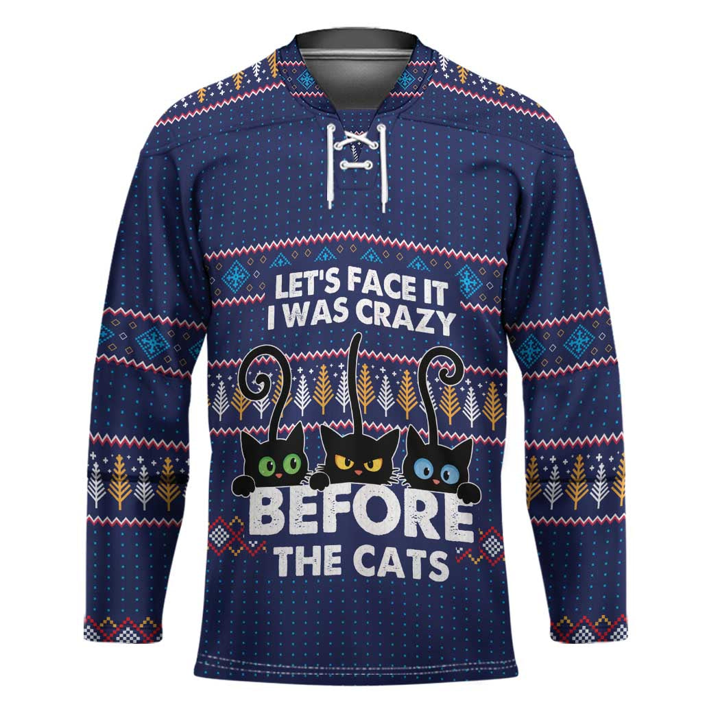 Crazy Cat Lover Hockey Jersey with Black Cats and Funny Quote in Blue Holiday Knit Pattern Design - Wonder Print Shop