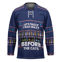 Crazy Cat Lover Hockey Jersey with Black Cats and Funny Quote in Blue Holiday Knit Pattern Design - Wonder Print Shop