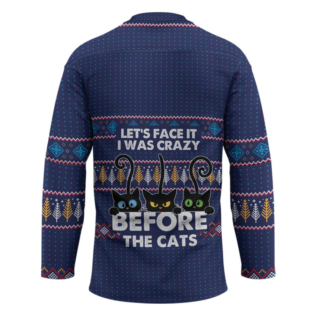 Crazy Cat Lover Hockey Jersey with Black Cats and Funny Quote in Blue Holiday Knit Pattern Design - Wonder Print Shop