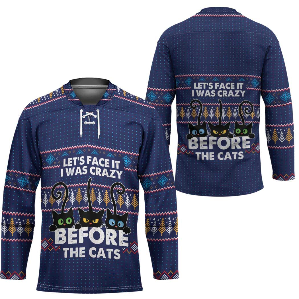 Crazy Cat Lover Hockey Jersey with Black Cats and Funny Quote in Blue Holiday Knit Pattern Design - Wonder Print Shop
