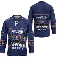 Crazy Cat Lover Hockey Jersey with Black Cats and Funny Quote in Blue Holiday Knit Pattern Design - Wonder Print Shop