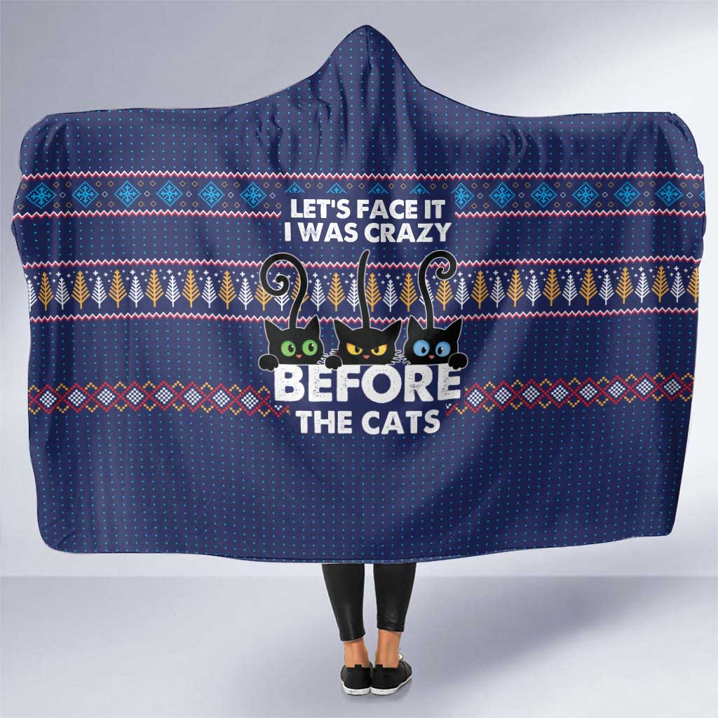 Crazy Cat Lover Hooded Blanket with Black Cats and Funny Quote in Blue Holiday Knit Pattern Design - Wonder Print Shop