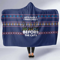 Crazy Cat Lover Hooded Blanket with Black Cats and Funny Quote in Blue Holiday Knit Pattern Design - Wonder Print Shop