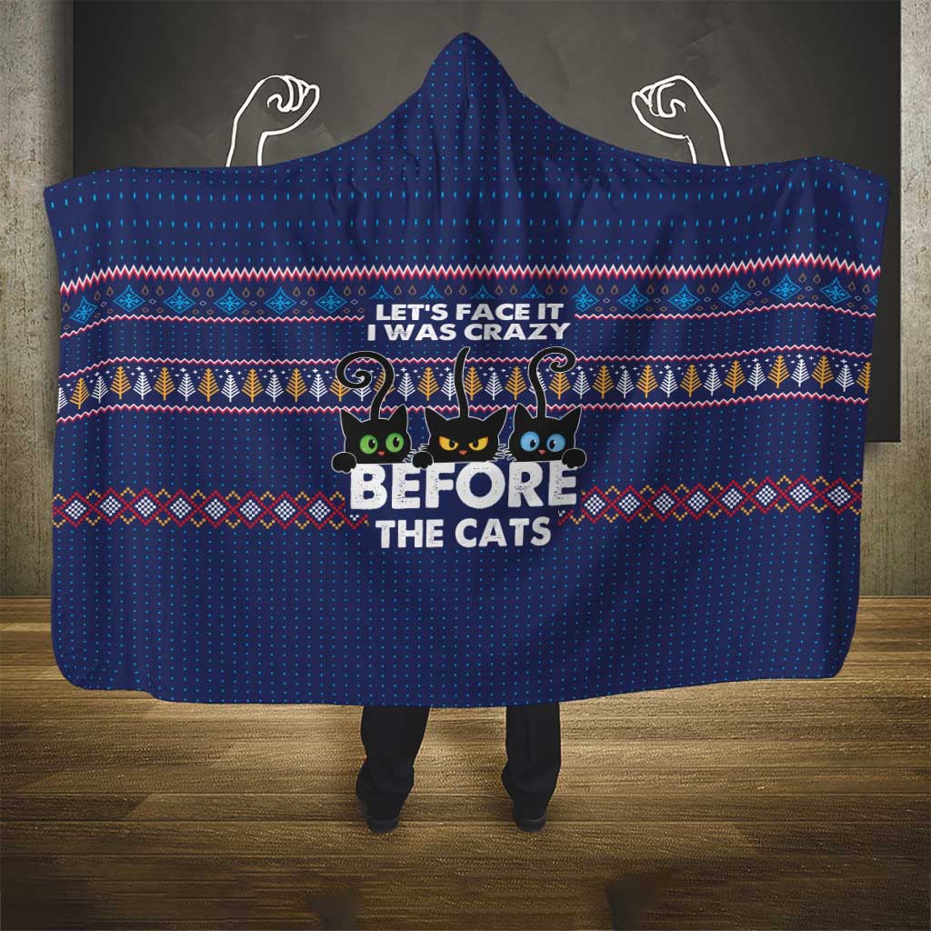 Crazy Cat Lover Hooded Blanket with Black Cats and Funny Quote in Blue Holiday Knit Pattern Design - Wonder Print Shop