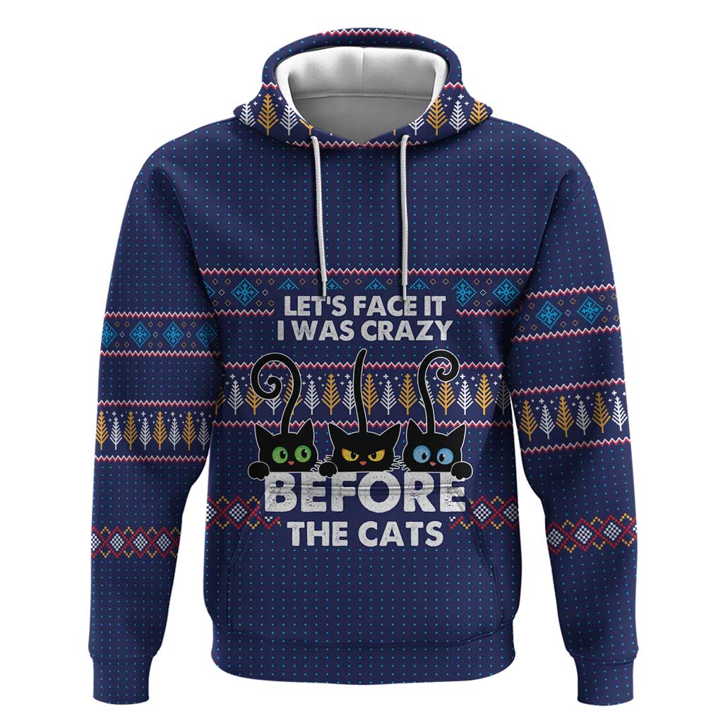 Crazy Cat Lover Hoodie with Black Cats and Funny Quote in Blue Holiday Knit Pattern Design - Wonder Print Shop