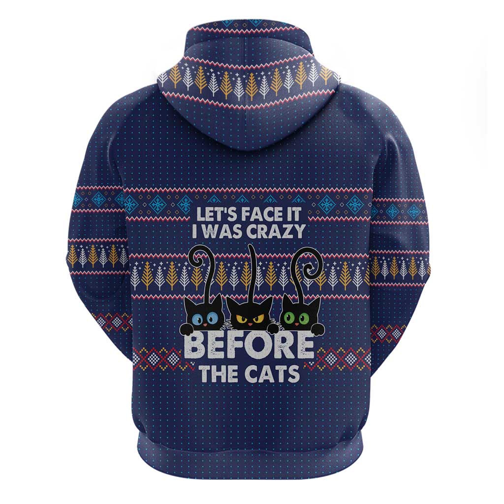 Crazy Cat Lover Hoodie with Black Cats and Funny Quote in Blue Holiday Knit Pattern Design - Wonder Print Shop