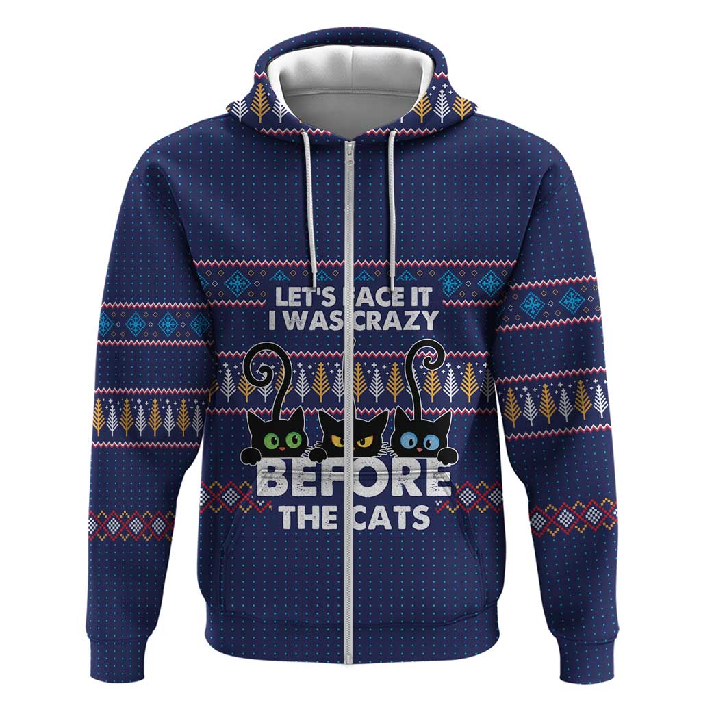 Crazy Cat Lover Hoodie with Black Cats and Funny Quote in Blue Holiday Knit Pattern Design - Wonder Print Shop