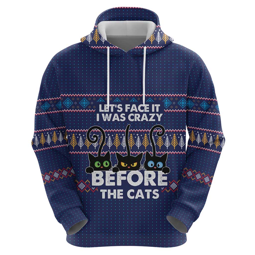 Crazy Cat Lover Hoodie with Black Cats and Funny Quote in Blue Holiday Knit Pattern Design - Wonder Print Shop