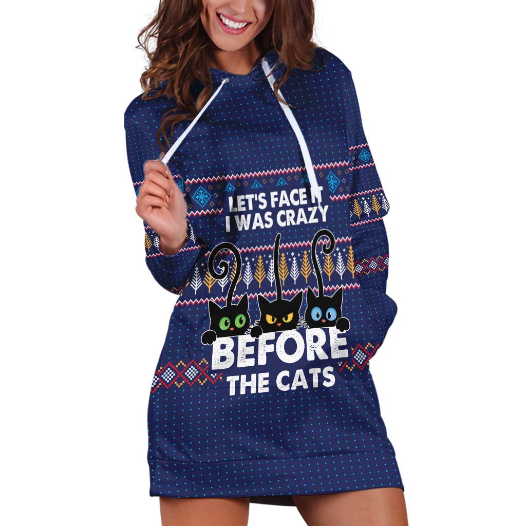 Crazy Cat Lover Hoodie Dress with Black Cats and Funny Quote in Blue Holiday Knit Pattern Design - Wonder Print Shop