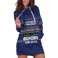 Crazy Cat Lover Hoodie Dress with Black Cats and Funny Quote in Blue Holiday Knit Pattern Design - Wonder Print Shop