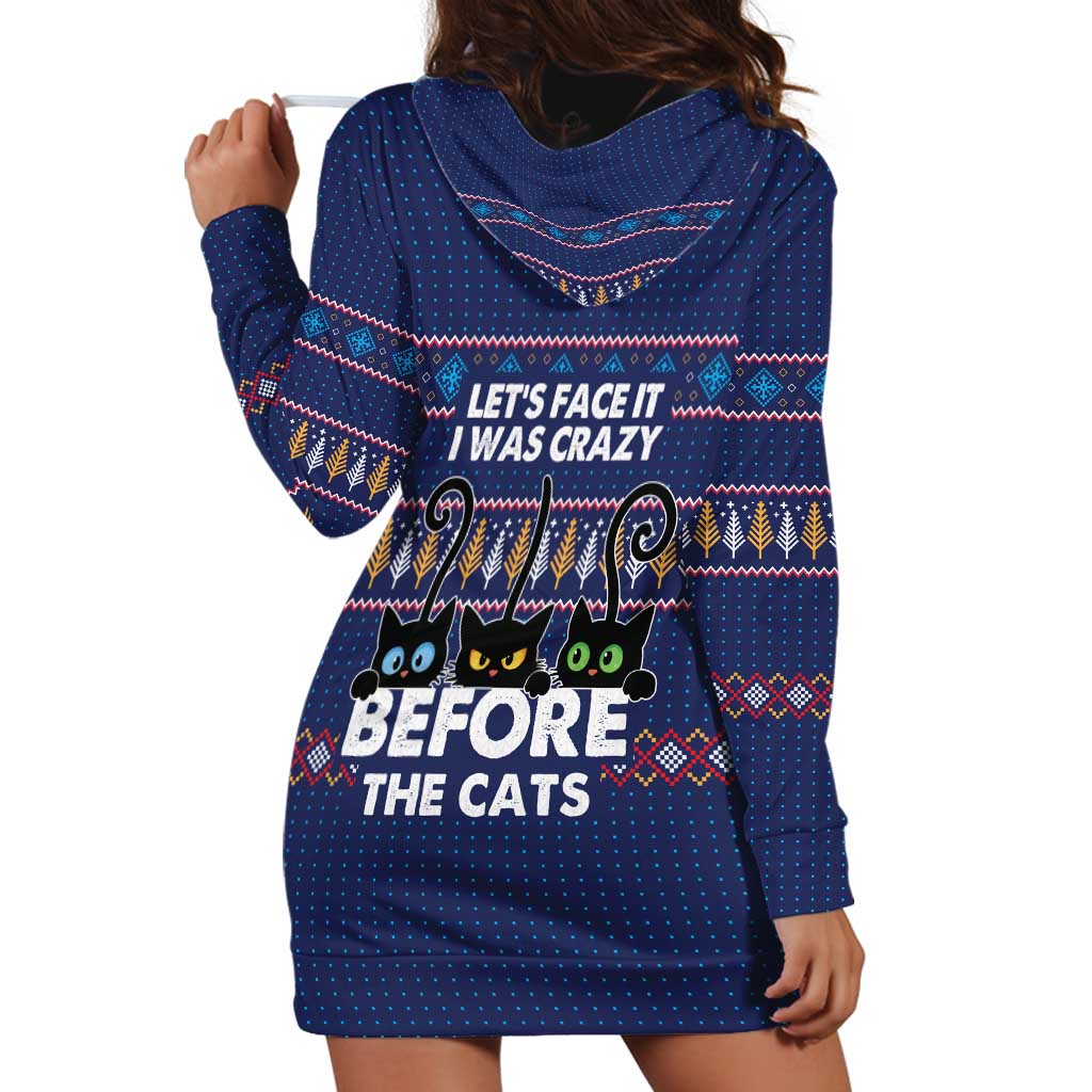 Crazy Cat Lover Hoodie Dress with Black Cats and Funny Quote in Blue Holiday Knit Pattern Design - Wonder Print Shop