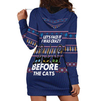 Crazy Cat Lover Hoodie Dress with Black Cats and Funny Quote in Blue Holiday Knit Pattern Design - Wonder Print Shop