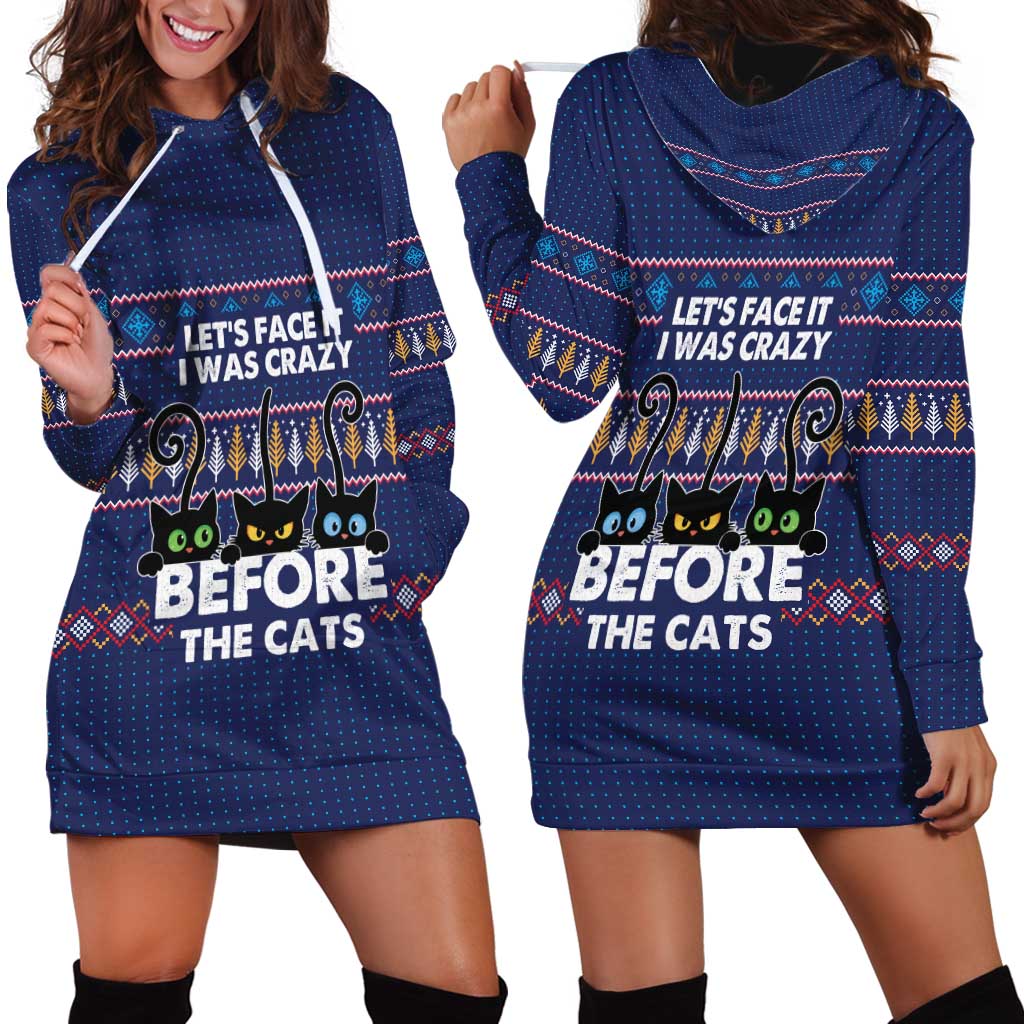 Crazy Cat Lover Hoodie Dress with Black Cats and Funny Quote in Blue Holiday Knit Pattern Design - Wonder Print Shop