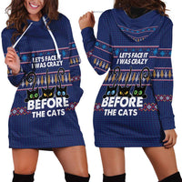 Crazy Cat Lover Hoodie Dress with Black Cats and Funny Quote in Blue Holiday Knit Pattern Design - Wonder Print Shop