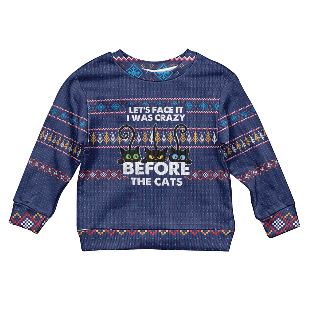 Crazy Cat Lover Kid Ugly Christmas Sweater with Black Cats and Funny Quote in Blue Holiday Knit Pattern Design - Wonder Print Shop
