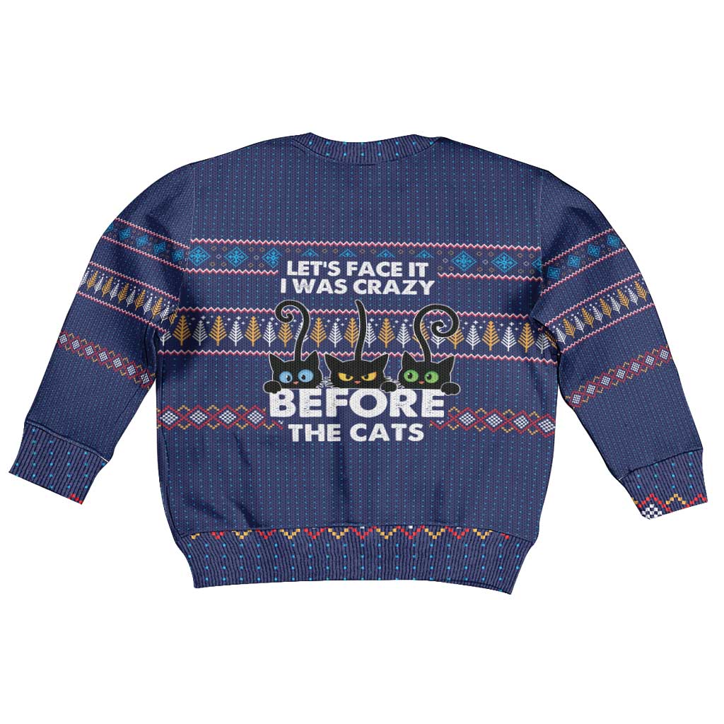 Crazy Cat Lover Kid Ugly Christmas Sweater with Black Cats and Funny Quote in Blue Holiday Knit Pattern Design - Wonder Print Shop