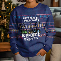 Crazy Cat Lover Kid Ugly Christmas Sweater with Black Cats and Funny Quote in Blue Holiday Knit Pattern Design - Wonder Print Shop