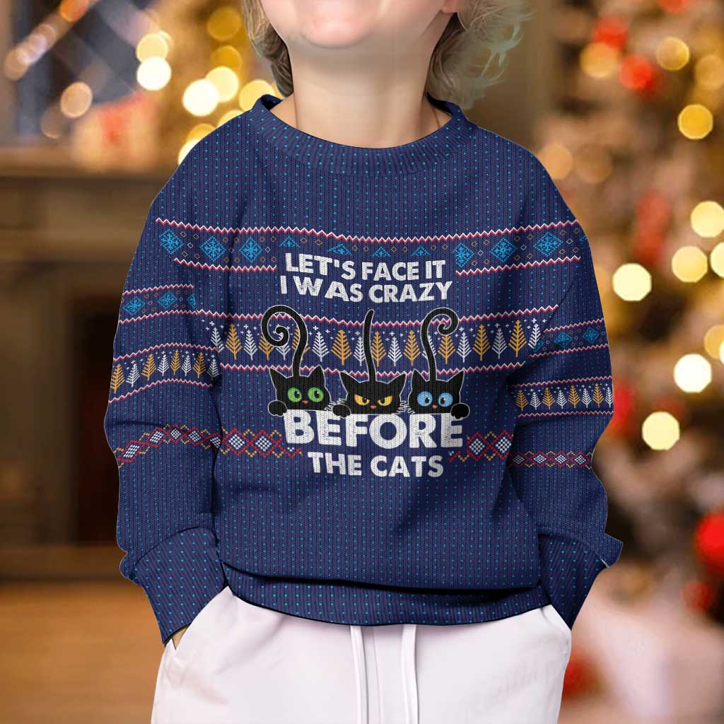 Crazy Cat Lover Kid Ugly Christmas Sweater with Black Cats and Funny Quote in Blue Holiday Knit Pattern Design - Wonder Print Shop