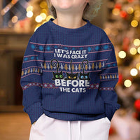 Crazy Cat Lover Kid Ugly Christmas Sweater with Black Cats and Funny Quote in Blue Holiday Knit Pattern Design - Wonder Print Shop