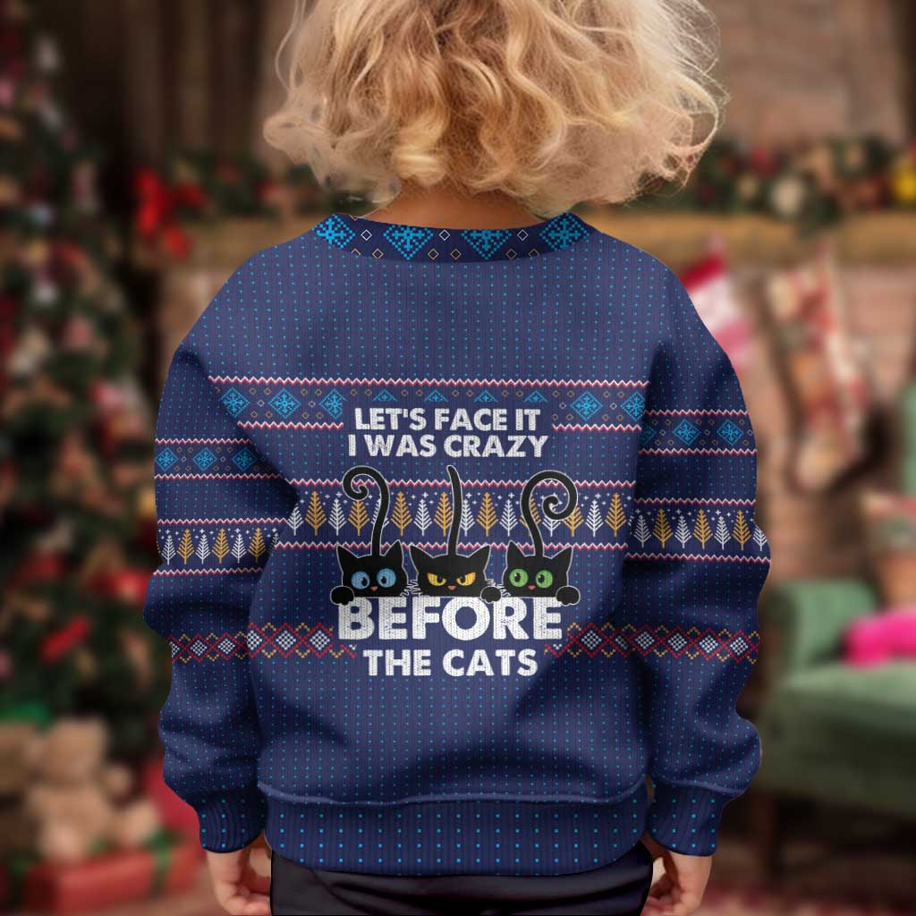 Crazy Cat Lover Kid Ugly Christmas Sweater with Black Cats and Funny Quote in Blue Holiday Knit Pattern Design - Wonder Print Shop