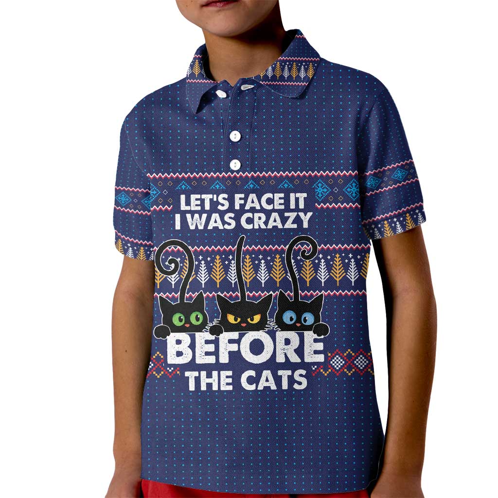 Crazy Cat Lover Kid Polo Shirt with Black Cats and Funny Quote in Blue Holiday Knit Pattern Design - Wonder Print Shop