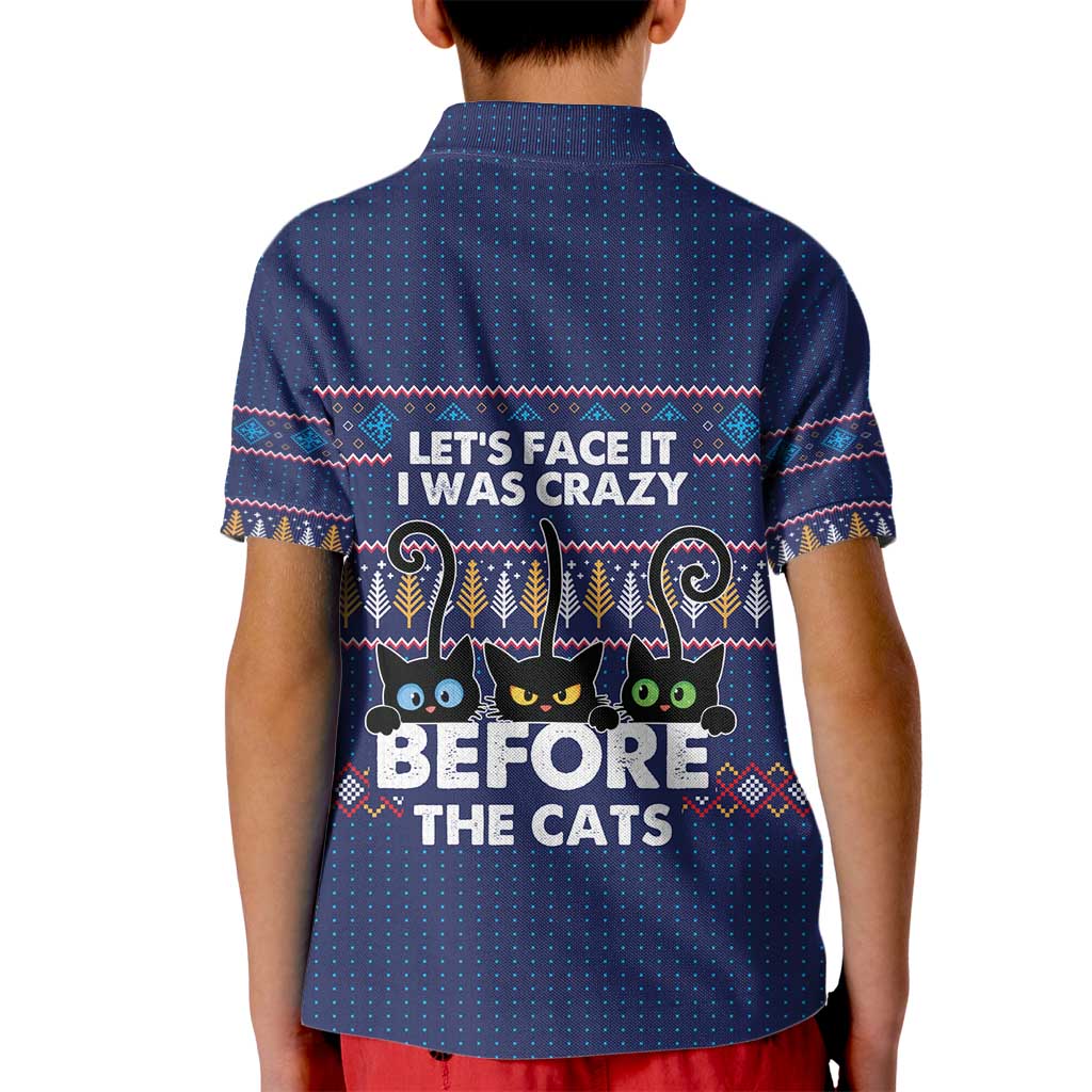 Crazy Cat Lover Kid Polo Shirt with Black Cats and Funny Quote in Blue Holiday Knit Pattern Design - Wonder Print Shop