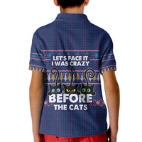 Crazy Cat Lover Kid Polo Shirt with Black Cats and Funny Quote in Blue Holiday Knit Pattern Design - Wonder Print Shop