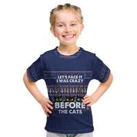 Crazy Cat Lover Kid T Shirt with Black Cats and Funny Quote in Blue Holiday Knit Pattern Design - Wonder Print Shop