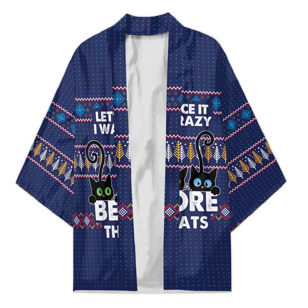 Crazy Cat Lover Kimono with Black Cats and Funny Quote in Blue Holiday Knit Pattern Design - Wonder Print Shop