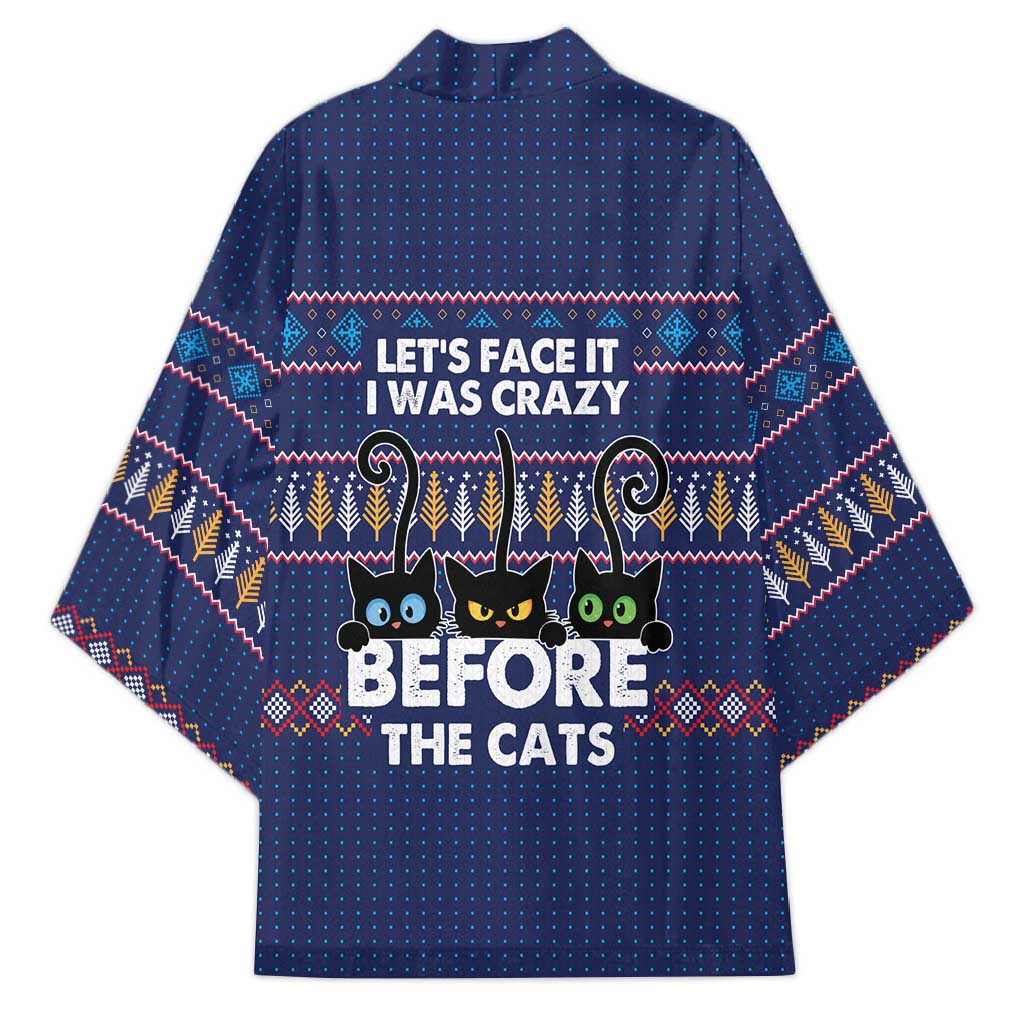 Crazy Cat Lover Kimono with Black Cats and Funny Quote in Blue Holiday Knit Pattern Design - Wonder Print Shop