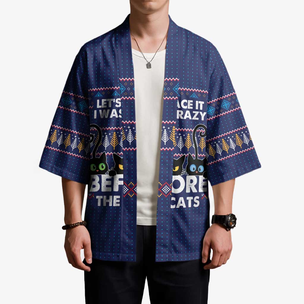 Crazy Cat Lover Kimono with Black Cats and Funny Quote in Blue Holiday Knit Pattern Design - Wonder Print Shop