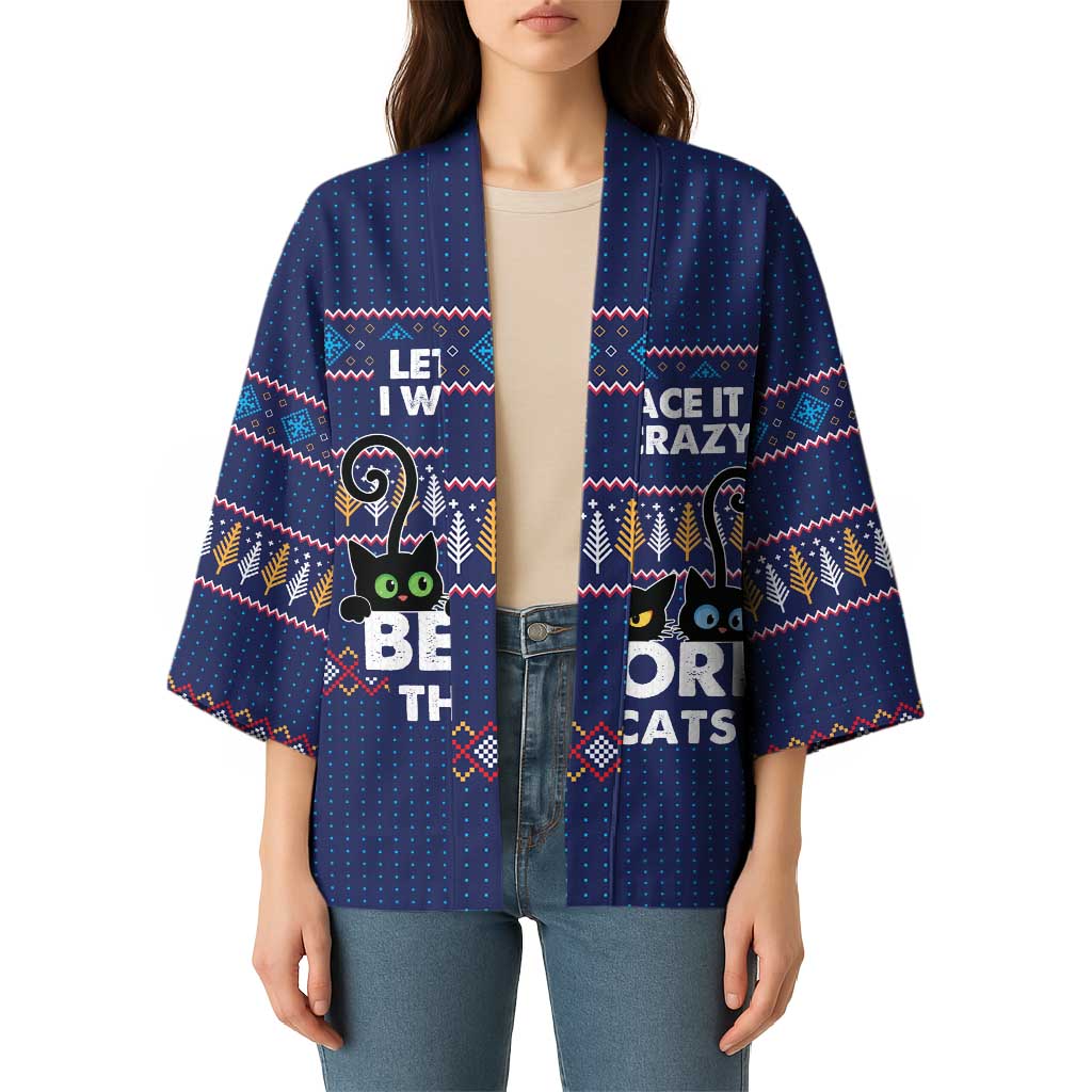 Crazy Cat Lover Kimono with Black Cats and Funny Quote in Blue Holiday Knit Pattern Design - Wonder Print Shop