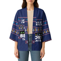 Crazy Cat Lover Kimono with Black Cats and Funny Quote in Blue Holiday Knit Pattern Design - Wonder Print Shop