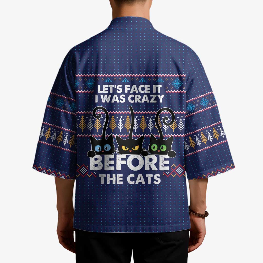 Crazy Cat Lover Kimono with Black Cats and Funny Quote in Blue Holiday Knit Pattern Design - Wonder Print Shop