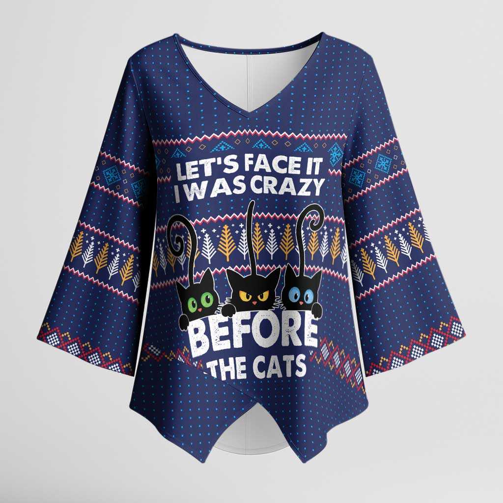 Crazy Cat Lover Kimono Sleeve Blouse with Black Cats and Funny Quote in Blue Holiday Knit Pattern Design - Wonder Print Shop